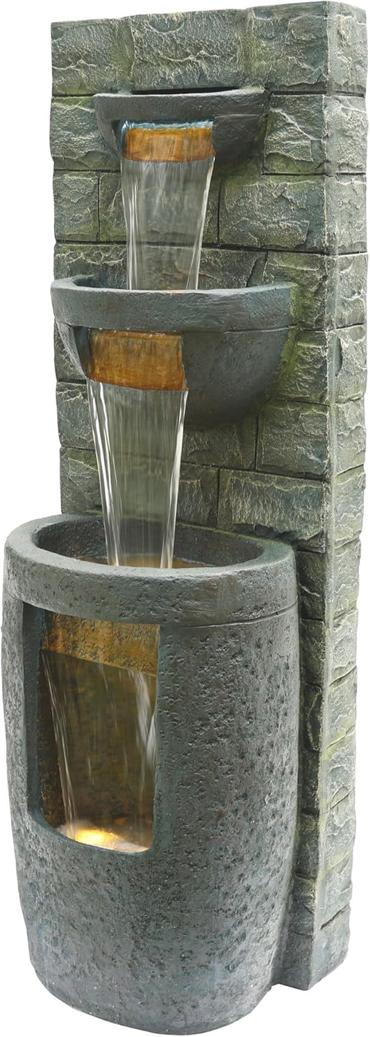 Alpine Corporation TZL384 Outdoor 3 Tier Water Fountain with LED Lights for Garden, Patio, Lawn and Yard Spaces, 51" H, Gray - Bloomnest