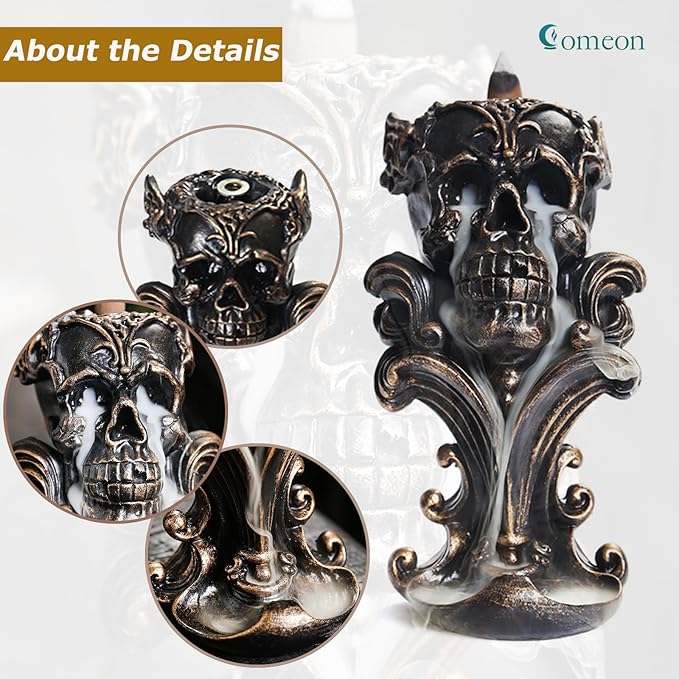Comeon Backflow Incense Holder Burner Resin Skull Incense Burner Waterfall Incense Burner Home Decor + 20 Backflow Incense Cones + 30 Incense Sticks +1 Tweezer +1 Mat（Metallic Gold） - Bloomnest