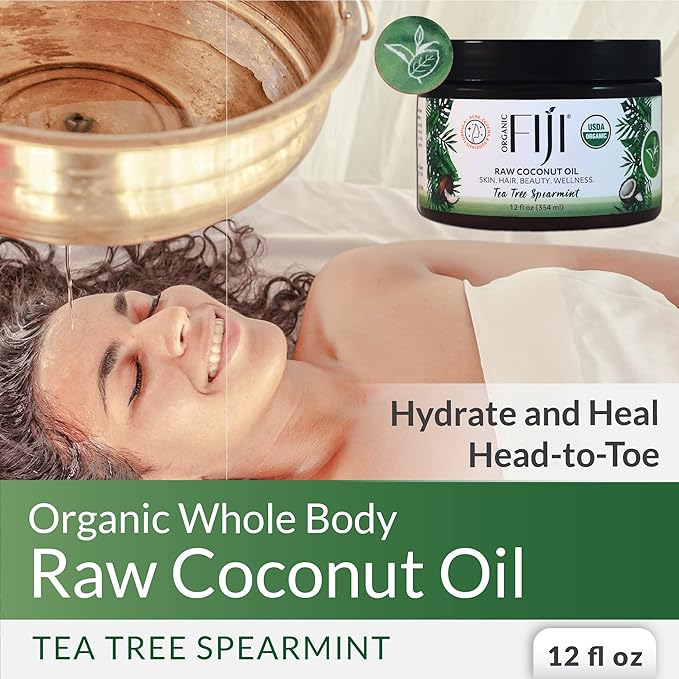 Organic Fiji Raw Cold Pressed Coconut Oil for Hair, Skin, Face & Body | Relaxing Massage Oil | Tea Tree Spearmint,12 oz for Women Men & Baby - Bloomnest