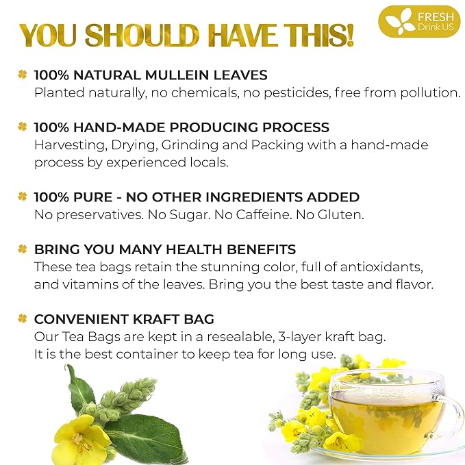 FreshDrinkUS, Premium 25 Mullein Leaf Tea For Lungs, Lung Detox Tea, Great Tea For Lung, Handmade, 100% Natural & Pure, Mullein Tea, Lung Detox For Smokers, No Sugar, No Caffeine, No Gluten, Vegan - Bloomnest