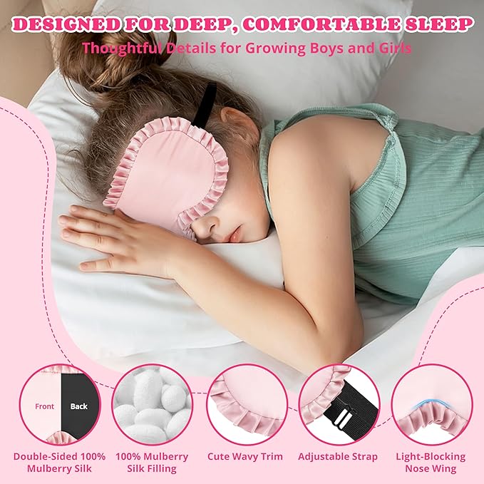 Kids Sleep Mask Eye Cover, 100% Real Mulberry Silk Sleep Mask with Adjustable Strap, Kids Blindfold for Sleeping, Boys Girls Eye Shade for Ages 5+, Soft and No Pressure (Pink) - Bloomnest