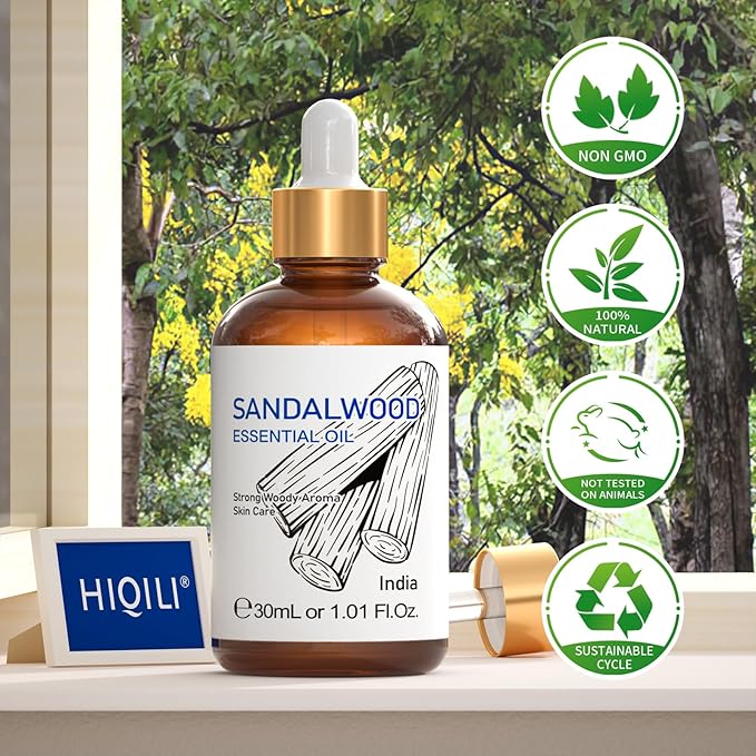 HIQILI Sandalwood Essential Oils 1 Fl Oz, 100% Pure Natural Therapeutic Grade for Skin, Diffuser, Perfume, Candle Soap Making, Includes Premium Quality Glass Dropper - Bloomnest