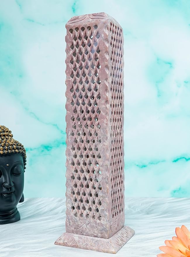 Crocon Handmade Incense Tower Candle Stick Holder Soapstone Leaf Design Tea Light Tower Burner | Candles Stand |Office Decor Room Fragrance Decorative Kitchen Home Spa Great Gift Set - 11X3X3 Inch