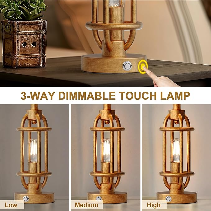 23.75'' Table Lamps Set of 2 for Living Room Bedroom Industrial Farmhouse Metal Touch Lamps with USB A+C Ports, Night Light Vintage Nightstand Bedside Lamp, Bulbs Included, Antique Gold - Bloomnest