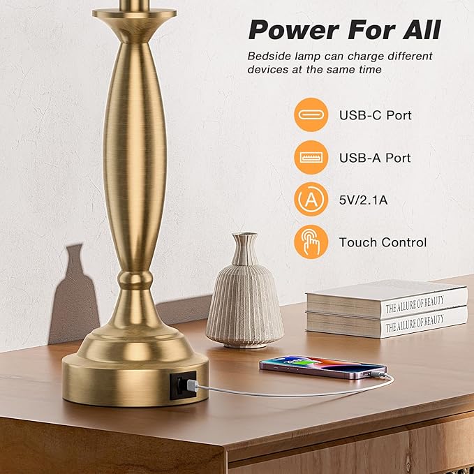 White Gold Lamps for Bedrooms Set of 2 - Touch Control Bedside Lamp with USB C+A, 3 Way Dimmable Nightstand Lamps with USB Port, Table Lamp for Living Room(White Shade and Gold Base) - Bloomnest