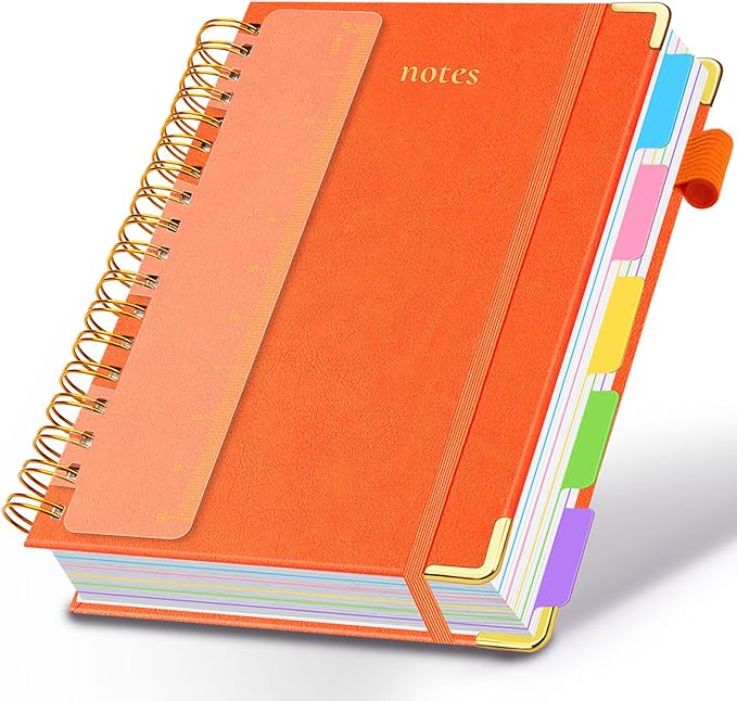 Hardcover Spiral Notebook 8.5"x11" Journal Notebook with Tabs and Removable Dividers 300 Pages 5 Subject Notebook College Ruled, Faux Leather Spiral Bound Notebook for Women School Work (Orange) - Bloomnest