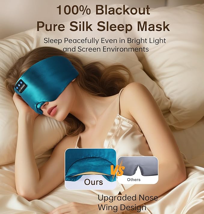 LC-dolida Luxurious Silk Soft Sleep Mask, Sleep Headphones with Bluetooth 5.4 for Side Sleeper, Total Blackout Eye Sleeping Mask for Women and Men, Ideal Gift for Restful Sleep, Travel(Dark Green) - Bloomnest