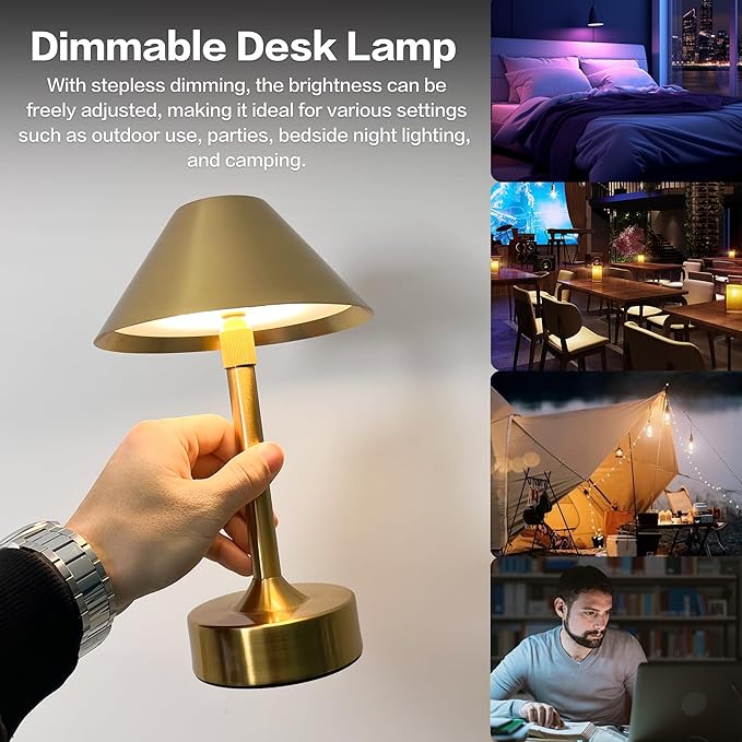 Cordless Table Lamp - Rechargeable Night Light with 2000mAh Battery, Touch Control, Dimmable White/Warm/Neutral Light, Adjustable Height, USB Charging, Ambient LED Bedside Lamp (Gold) - Bloomnest