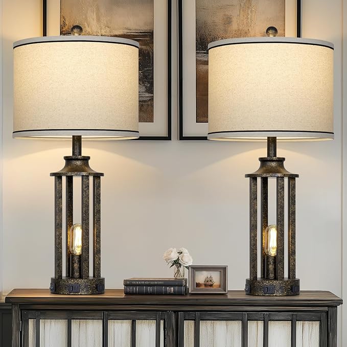 27.5" Bronze Farmhouse Table Lamps for Living Room, Tall Vintage Lamps Set of 2 with USB A+C Charging Port & AC Outlet, Rustic Bedside Lamp with Night Light, Bedroom Lamp for Nightstand Side End Table - Bloomnest