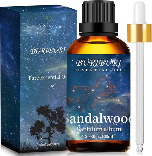 BURIBURI 100ML Sandalwood Essential Oil, 100% Pure Undiluted Aromatherapy Sandalwood Oil 3.38fl.oz for Soap, Candle Making, Massage, Diffuser, Humidifier BURIBURI