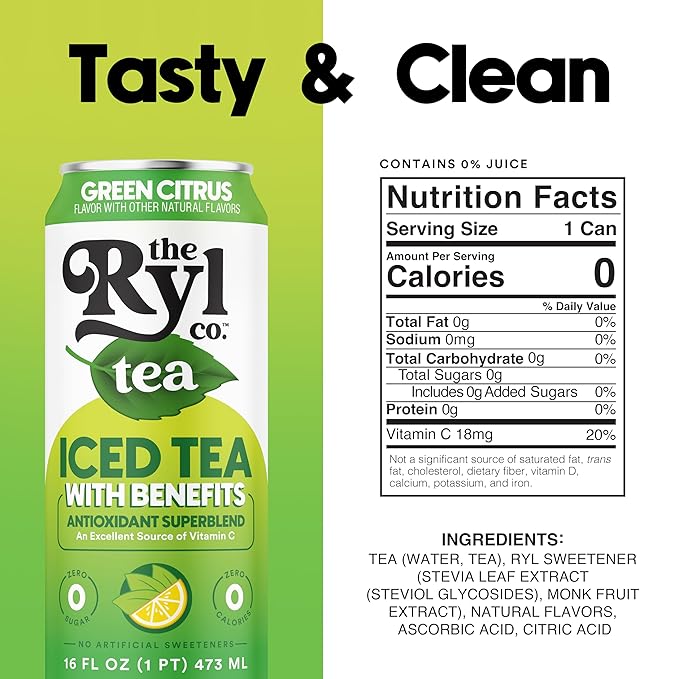 Ryl Iced Tea, Green Citrus Tea, Antioxidant Superblend, Zero Sugar, Low Carb, Zero Calorie - 16.0 Fl Oz (12-Pack) - Bloomnest