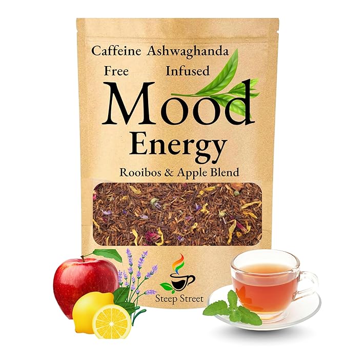 Lavender Apple Energy Mood Herbal Tea Infused with Ashwagandha – Rooibos, Lemon Balm, Lavender, Apple & Ashwagandha Blend | Smooth Uplifting Energy | Caffeine-Free 2.6oz Pouch - Bloomnest