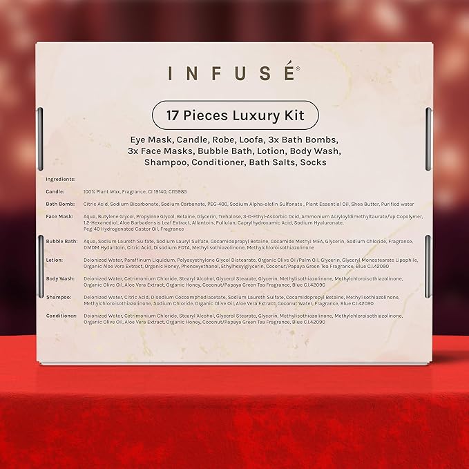 17-Piece Luxury Gift Set with Robe | Complete INFUSÉ White Tea & Coconut Bath Collection | Self-Care Kit with Bath Bombs, Face Masks & Hair Care | Bridesmaid, Mom, Wife, Grandma or Loved Ones