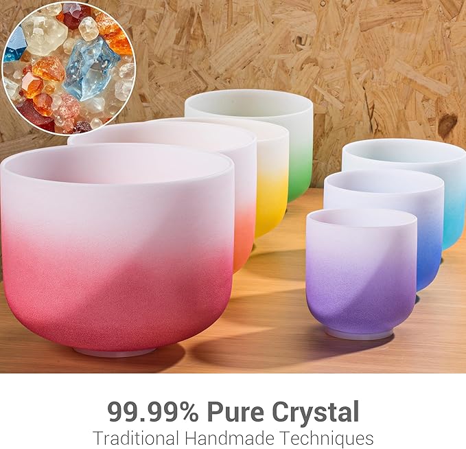 432Hz 6-12 Inch Set of 7 Quartz Crystal Singing Bowls with Gradient Colored Design, 2 Travel Carry Case Bags and Resonance Striker for Meditation and Sound Therapy - Bloomnest