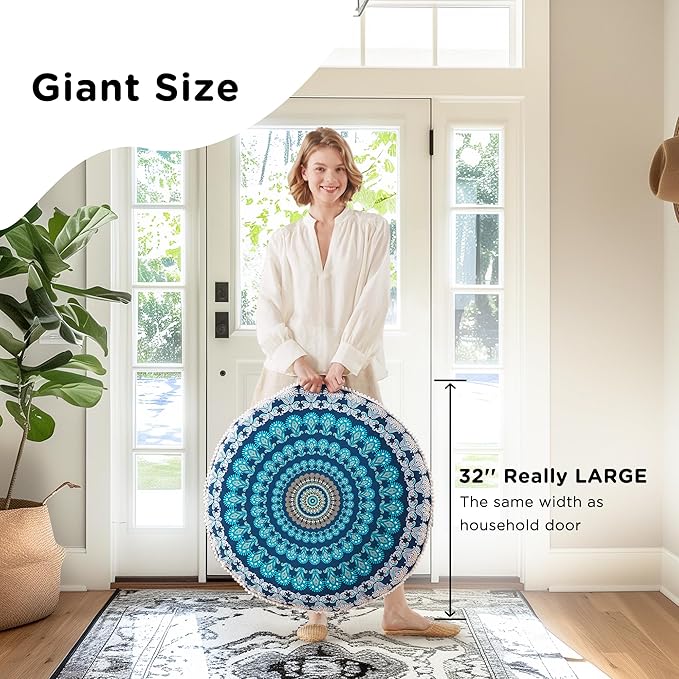 Codi Meditation Floor Pillow Set of 2, Round Large Pillows Seating for Adults, Bohemian Mandala Circle Cushion for Outdoor Fireplace Yoga Living Room, 32 Inch, Memory Foam Added, Navy - Bloomnest