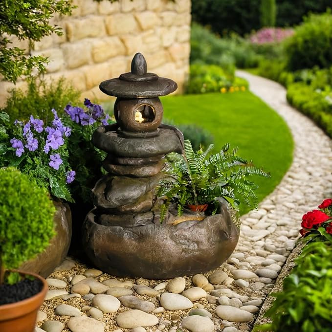 28" H Imitation Rock Pagoda Design Outdoor&Indoor Cascading Water Fountain, Natural Zen Decor Waterfall with LED Lights - Suitable for Garden/Patio/Yard/Deck/Balcony and Home Art Decor （Resin） - Bloomnest