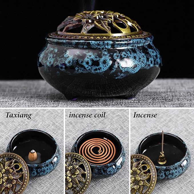 Ceramic Incense Burner with Lid, Bowl Burner， Cone Incense Burner, Ceramic Censer Suitable for Incense/Cone/Coil/Sticks, There are 30 Incense Cones+ Metal Incense Holder+Fireproof Cotton Inside. - Bloomnest
