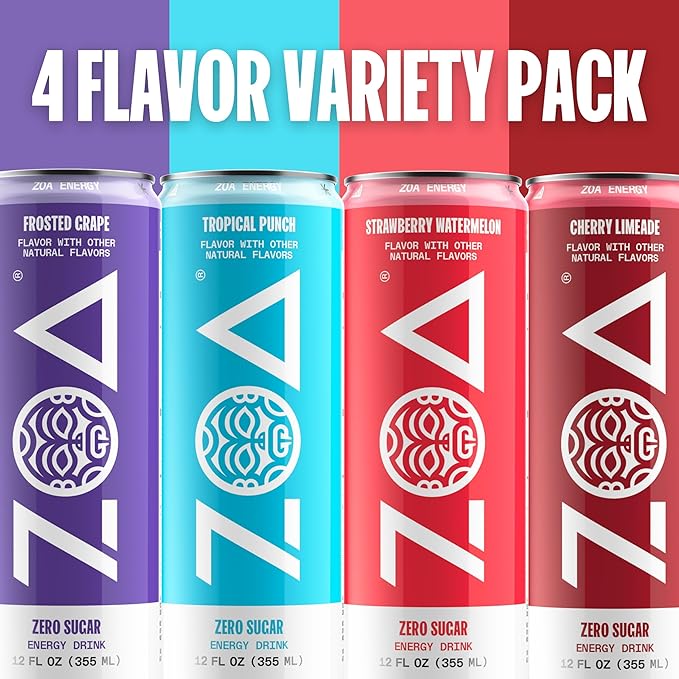 ZOA Zero Sugar Energy Drinks, Variety Pack - Sugar Free with Electrolytes, Healthy Vitamin C, Amino Acids, Essential B-Vitamins, and Caffeine from Green Tea - 12 Fl Oz (12-Pack) - Bloomnest