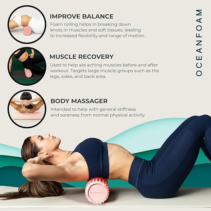 Oceanfoam Tidal Roller - Blush - Muscle Massage Foam Roller for Back Pain & Stretching - Firm and Ergonomic Wide Wave Textured - Yoga, Athletics, & Wellness - Full Size, 20" x 5" - Bloomnest