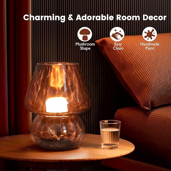 USB Plug-in Vintage Mushroom Lamp Small Bedside Table Lamp with 3 Temperature LED Bulb,Free Dimming Nights Light for Bedroom/Living Room/Entryway/Corner Decor New Home Gift (Golden Amber) - Bloomnest