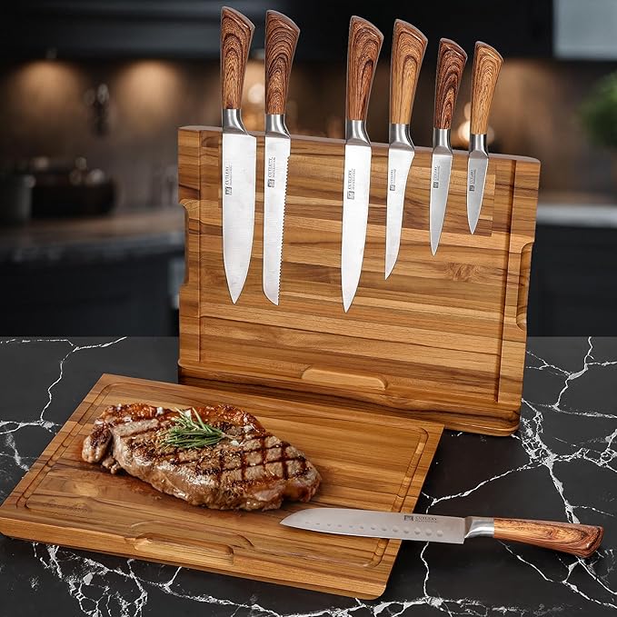 2 - in - 1 Magnetic Knife Block Holder with 16"x11" Teak Cutting Board, Crafted from Premium Natural Teak Wood,Juice Grooves, Kitchen Organizer for Home Chefs - Bloomnest