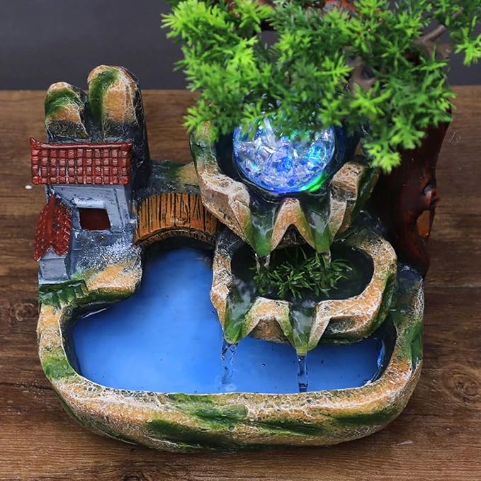 Waterfall Fountain Indoor Mini Waterfall with Led Lights & Atomizer Indoor Fountains and Waterfalls Table Top Water Fountain for Office, Home, Bedroom Desk Decor (Rockery Flowing Water)