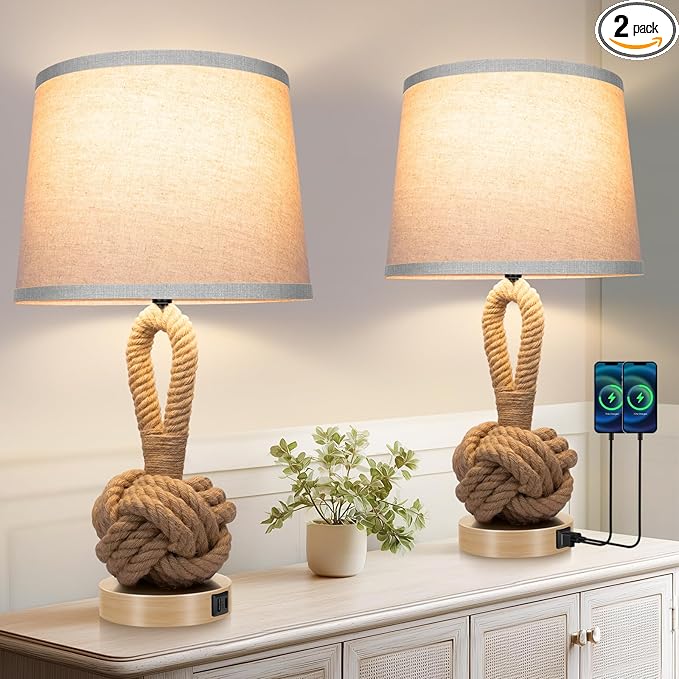 22" Rope Lamps for Night Stands, Bedside Lamps Set of 2, 3-Color Temperatures Boho Lamp with Rotary Switch, Table Lamps for Living Room Bedroom, Rattan Lamp with USB Ports, Bulbs Included - Bloomnest