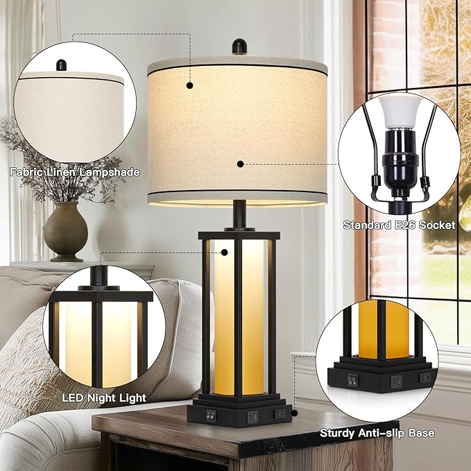 27" Tall Vintage Table Lamp Set of 2 with USB C+A & Outlet,Farmhouse Nightstand Lamp for Living Room,Rustic Retro Bedside Lamps with Red-Orange Glass Night Light for Bedroom Entryway,Black-2 - Bloomnest