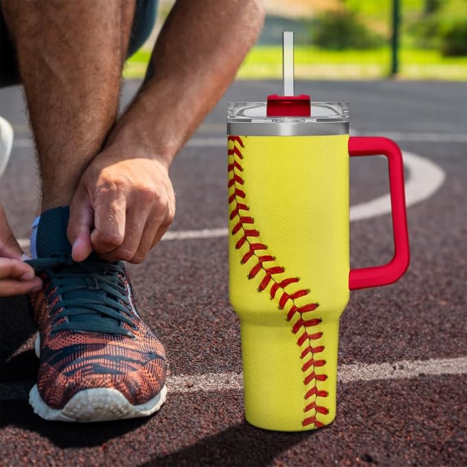 SANDJEST Softball Tumbler with Handle 40oz, Insulated Stainless Steel Cup with Lid & Straw, Sports Lover Gift for Men, Coach, Player, Christmas, Birthday - Bloomnest