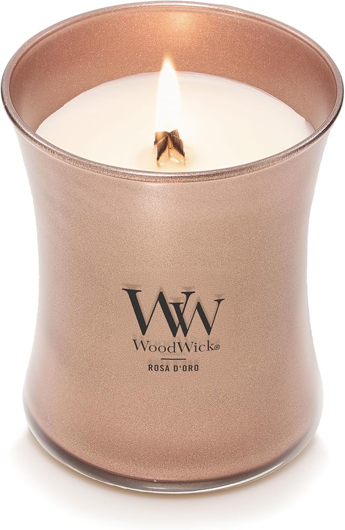 WoodWick Rosa D'oro Holiday Candle Gifts for Women and Men, 9.7 oz Precious Metals Collection with Crackling Wick - Bloomnest