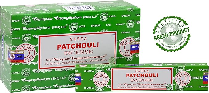 EARTH Satya Patchouli Incense Sticks 15 GMS (Pack of 12) (Green Certified) Indian Perfumed Hand Rolled Agarbatti Perfect for Worship,Relaxation, Medication. Earth