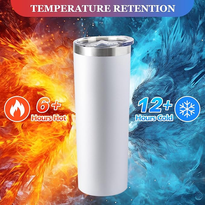 20 oz Skinny Tumblers with Lid and Straw,Stainless Steel Vacuum Insulated Tumbler Cup Double Wall Travel Coffee Mug, Thermal Water Tumbler for Hot and Cold Drinks(White,8) - Bloomnest