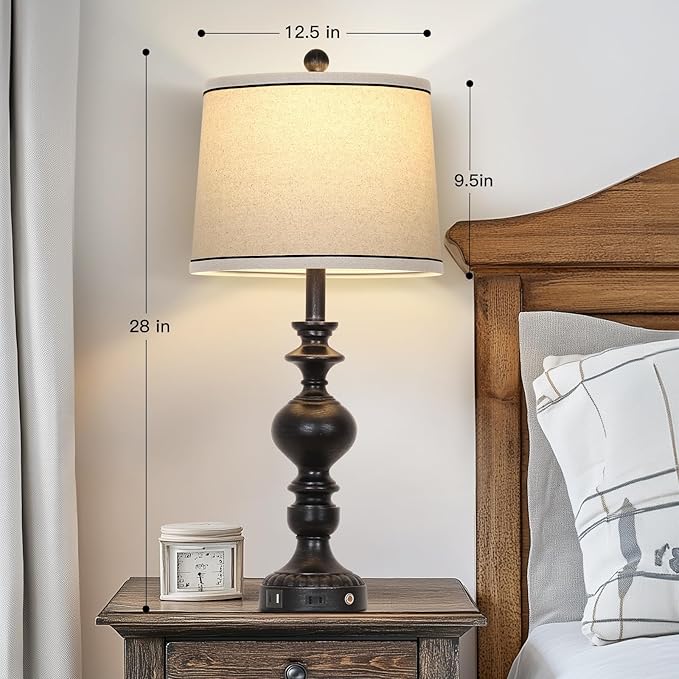 28" Black Farmhouse Table Lamps Set of 2, Rustic Lamp for Living Room with USB C+A Ports & AC Outlet, 3 Way Touch Control Resin Bedside Lamps, Retro Bedroom Lamp for Nightstand Side End Table Desk - Bloomnest