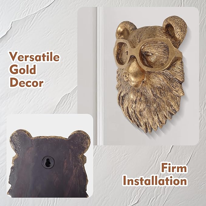 UITWMKTG Gold Animal Head Wall Decor Wall Sculpture Home Decor Statue for Living Room Office Bedroom Modern Decor for Men Women Bear - Bloomnest