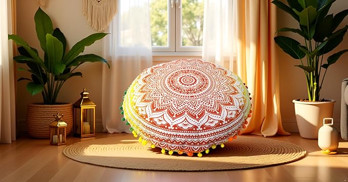 CRAFT KALA 32" Large Round Bohemian Floor Pillow Pouf Cover Mandala Meditation Room Pillow Cover for Adults Boho Seating Poufs Cushion Cover for Kids Playroom Yellow Orange Ombre - Bloomnest