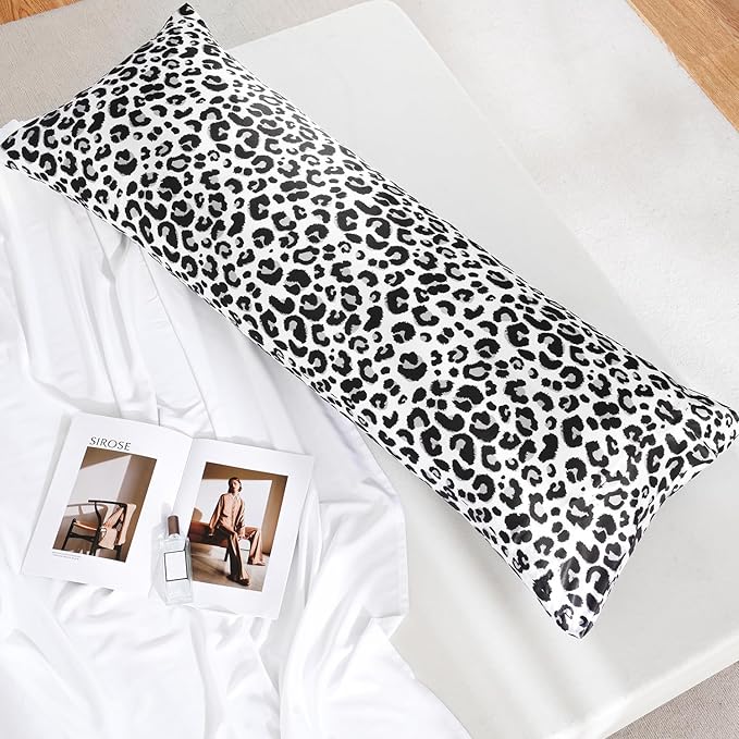 MR&HM Satin Body Pillow Cover, Soft and Breathable Body Pillow Case with Envelope Closure, Cooling and Silky Long Pillowcase for Hair and Skin,Grey (20x54, White Leopard) - Bloomnest