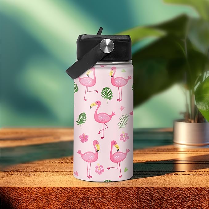 SANDJEST Kids Water Bottle Flamingo Water Bottles 12oz with Straw Insulated Stainless Steel Travel School Tumbler Double Wall Vacuum Cup for Girls Kid - Bloomnest