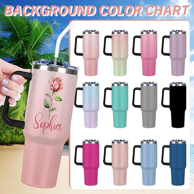 Personalized 40 Oz Tumbler with Handle and Straw Lid, Custom Cup with Name, Stainless Steel Travel Coffee Tumbler, Personalized Mothers Day Birthday Christmas Gifts for Women - Bloomnest