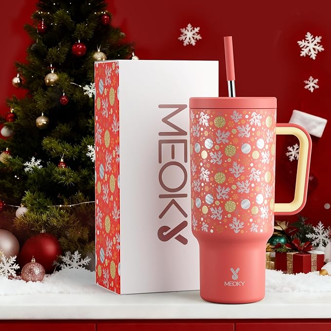 Meoky 40 oz Christmas Tumbler with Handle and Straw, Xmas Tumbler with Lid and Straw, Insulated Stainless Steel Travel Mug, Christmas Gifts for Women Men Adults (Merry Bells) - Bloomnest