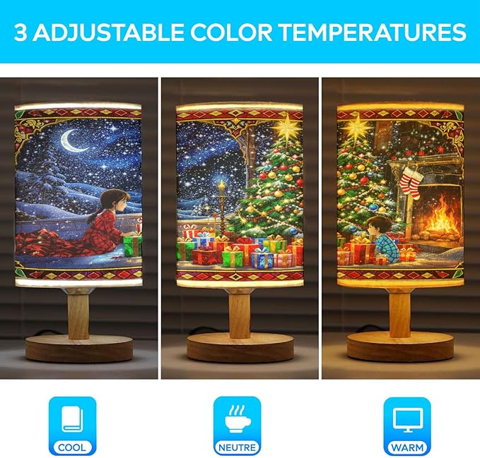 Christmas Eve Table Lamp LED 3-Color Pressed Bedside for Merry Christmas, Christmas Eve Shade Christmas Table Lamp with Wood Base for Bedroom Living Room Desk Office - Bloomnest
