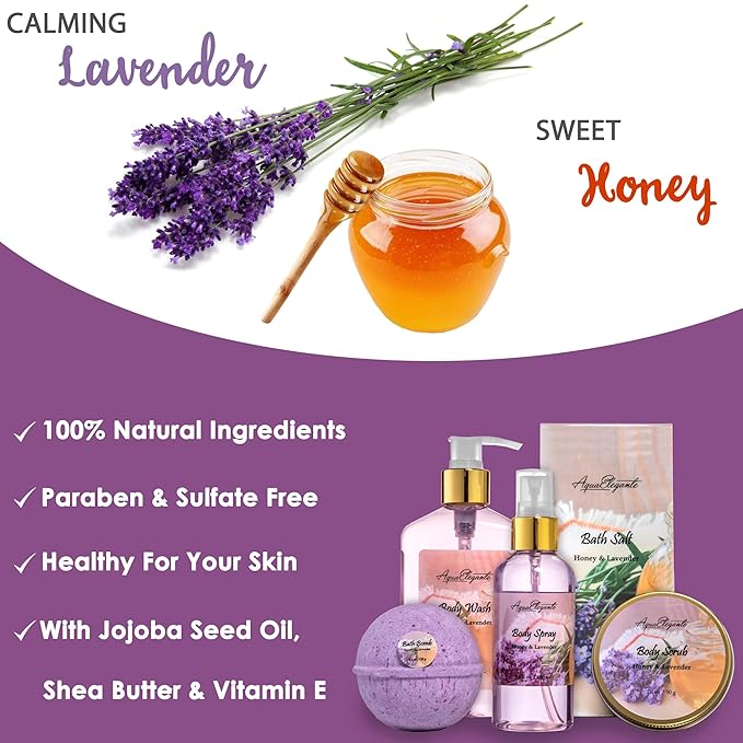 Bath Spa Gift Sets - Luxury Basket With Honey & Lavender - Spa Kit Includes Wash, Bubble Bath, Lotion, Bath Salts, Body Scrub, Body Spray, Shower Puff, Bathbombs, Soap and Towel - Bloomnest