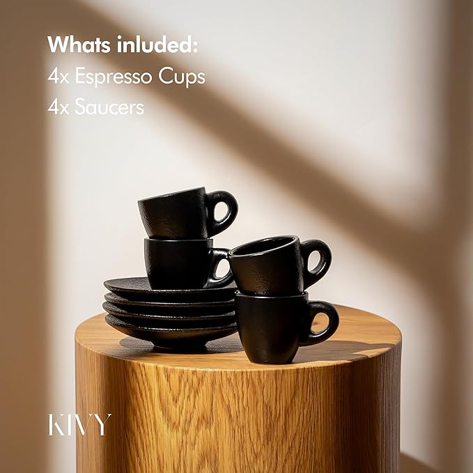 KIVY 3 oz Espresso cups set of 4 - Thick walled stoneware espresso cup set - Italian style cups and saucers - Demitasse cups set of 4 - Espresso mugs black - Coffee shot cups & saucers - Bloomnest