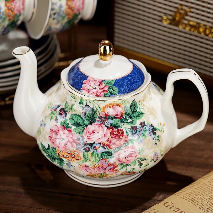 fanquare 21-Piece Blue Lace Porcelain Tea Set, China Coffee Cup and Saucer Set for 6, Pink Flower Tea Sets for Adults Women - Bloomnest