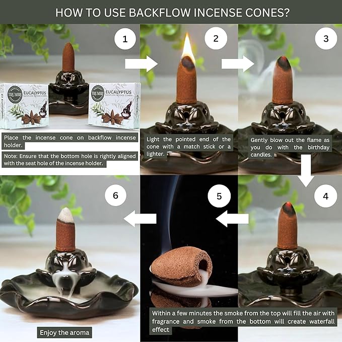 TRUMIRI Eucalyptus Backflow Incense Cones - 20 Cones, 2 Packs of 10, Waterfall Incense Cones