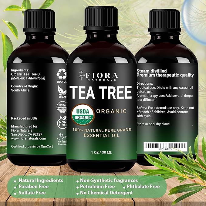 Tea Tree Oil – 100% Pure Organic Tea Tree Essential Oil for Skin, Face, Hair, Scalp, Nails, and Toenail – Therapeutic Grade Tree Tea Oil for Acne & Hair Growth – 1 fl oz - by Fiora Naturals - Bloomnest