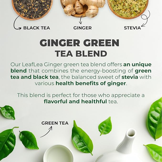 LeafLea Green Tea with Ginger, 80 Tea Bags (2 Packs), Natural Green Tea with Ginger Root, Lightly Sweetened with Stevia, Supports Digestion and Immunity, Low Caffeine, Non-GMO, Gluten-Free - Bloomnest