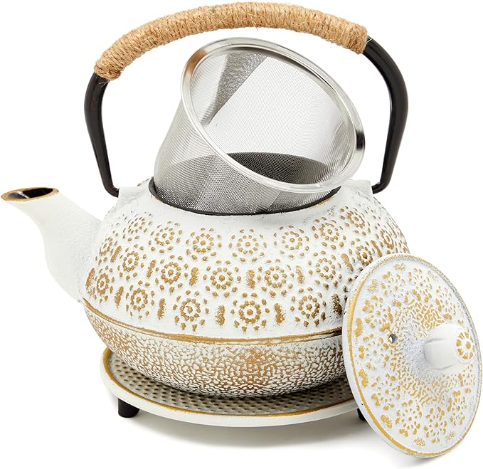 Juvale Stovetop Cast Iron Tea Kettle with Infuser - Superior Heat Retention Loose Leaf Tea Pot - Built-In Teapot with Strainer - Includes Trivet & Infuser Kettle - White, 27 Oz (800 ml) - Bloomnest