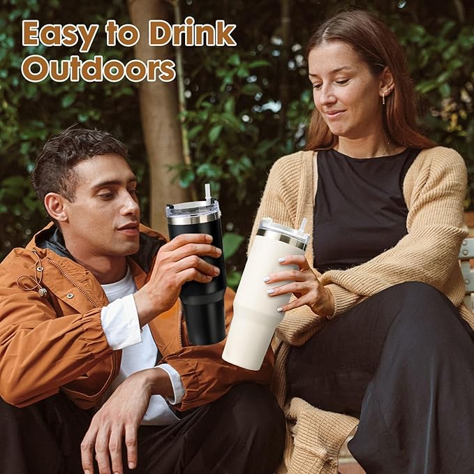 Premium 2-Pack 40oz Tumbler with Handle and Straw, Insulated Stainless Steel Travel Mug, Double Wall Vacuum Leak-Proof Cup for Hot & Cold Drinks, Fits Cup Holder, Ideal for Coffee, Water, Sports - Bloomnest