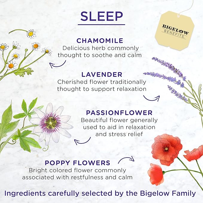 Bigelow Benefits Sleep Chamomile Lavender Herbal Tea, Caffeine Free, 18 Count (Pack of 6), 108 Total Tea Bags - Bloomnest