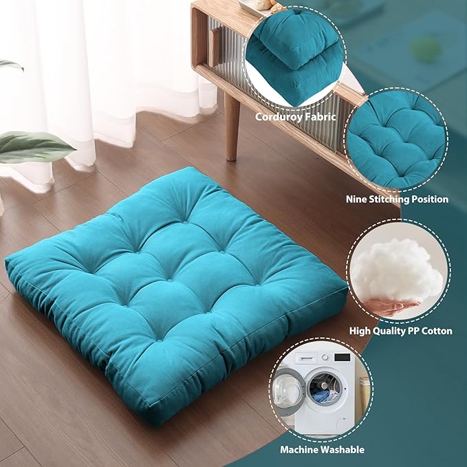 Tiita Square Outdoor Cushions Floor Pillow Thicken Tufted Seat Cushion for Adult Seating on Floor Yoga Meditation Living Room Balcony Office Indoor, Set of 2, 22x22 Inch, Blue